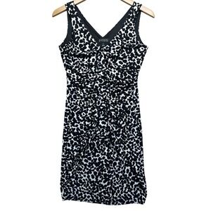 Enfocus Studio Black White Leopard Print Ruched V Neck Sleeveless Sheath Dress 4